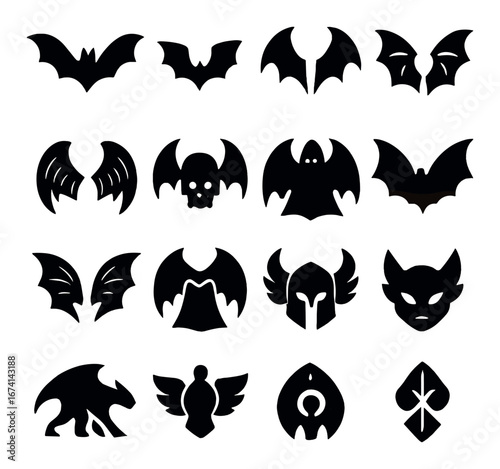 Silhouette halloween icon set featuring bat, skull, wings, ghost, and mask symbols