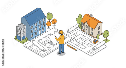 Architect examining blueprints with isometric houses and planning tools