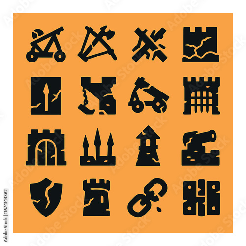 Silhouette medieval defense icon set featuring catapult, crossbow, fortress, castle, tower, shield, and gate symbols