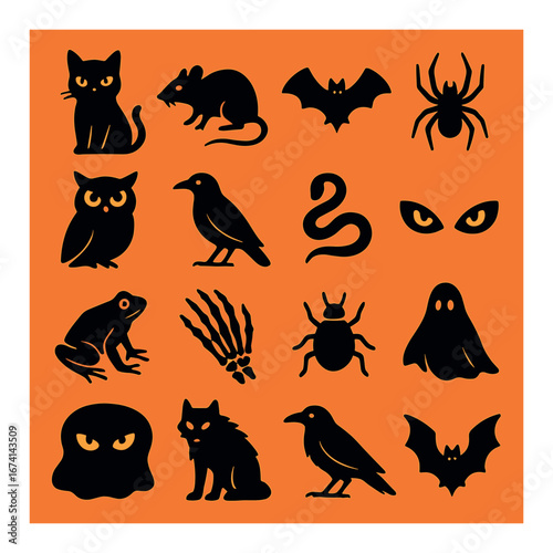 Silhouette halloween icon set featuring cat, mouse, bat, spider, owl, crow, snake, frog, skeleton, beetle, ghost