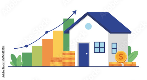 Real estate growth chart with rising arrow and coins