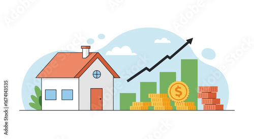 Housing market growth concept with rising bar graph and coin stacks