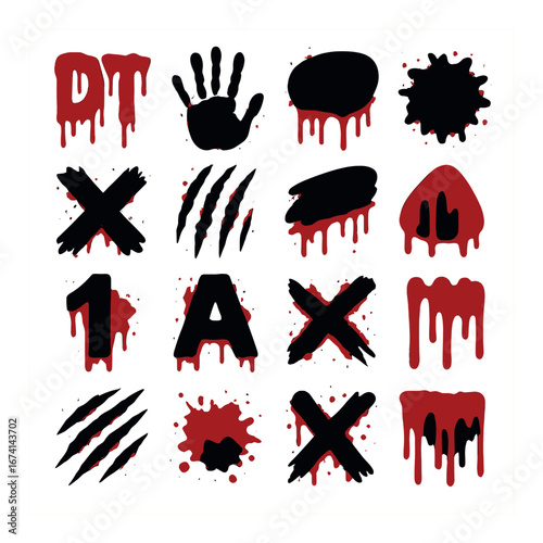 Silhouette horror icon set featuring handprint, blood splatter, claw marks, and dripping paint symbols