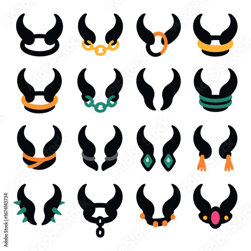 3d animal horn icon set featuring deer, bull, goat, ram, antelope, unicorn, and moose designs
