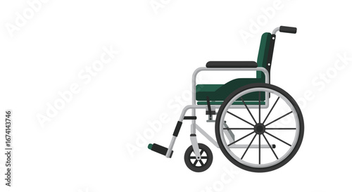 Realistic side view of a modern wheelchair with green upholstery