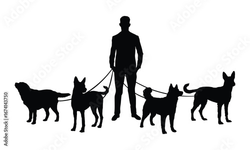 Man holding dogs on leash while standing front view isolated black silhouette. 