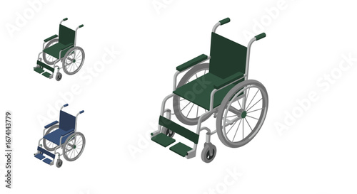 Isometric wheelchair design in multiple colors on white background