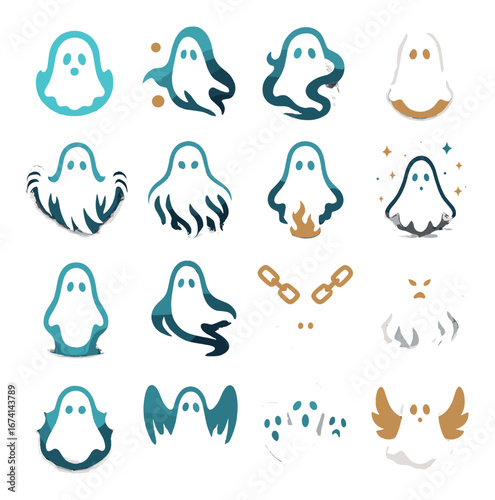 Silhouette ghost icon set featuring spooky, fire, chains, evil, and angelic symbols
