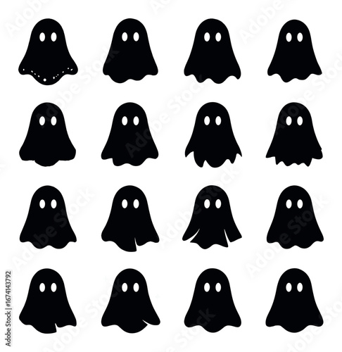 Silhouette halloween icon set featuring ghosts, specters, phantoms, spirits, and wraiths symbols