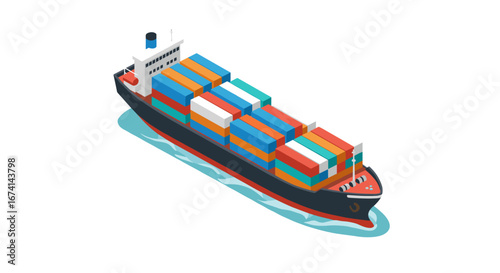 Isometric cargo ship with containers on ocean for global trade and logistics