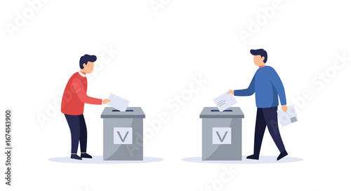 Two people casting votes into ballot boxes on election day in a minimalist style