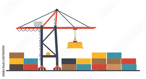 Flat design cargo crane lifting shipping containers in port yard