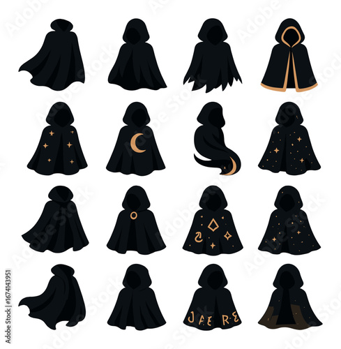 Silhouette wizard cloak icon set featuring starry, moon, runes, flame, and mystical symbols
