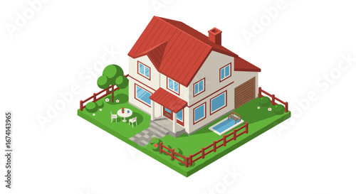 Charming isometric country house with garden and pool scene