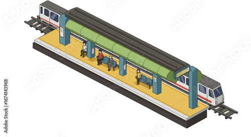 Isometric train platform scene with passengers and train in urban setting