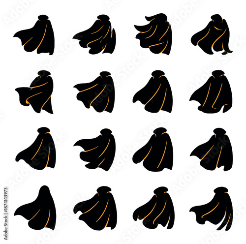 Silhouette superhero capes icon set featuring masks, capes, costumes, shields, lightning, and stars