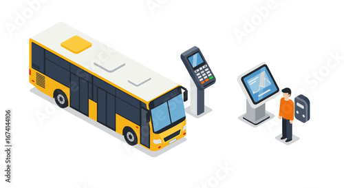 Isometric public transport concept with bus, ticket machines, and passenger