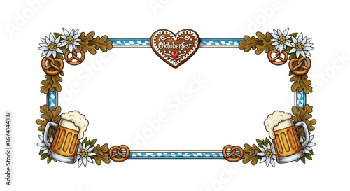 oktoberfest decorative frame with pretzels and beer filled mugs