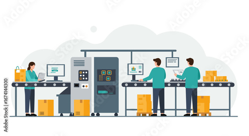 Modern flat factory conveyor automation with workers and technology