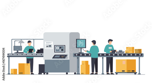 Modern factory automation with workers and conveyor belt technology