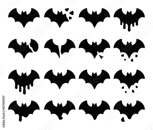 Silhouette halloween icon set featuring bats in various styles