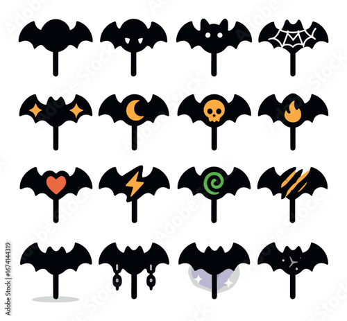 Silhouette halloween icons set featuring bat, web, moon, skull, flame, heart, lightning, spiral, scratch