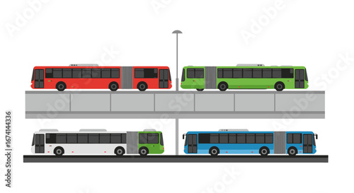 Colorful city buses on dual-lane highway with concrete dividers