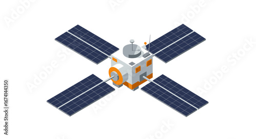 Isometric satellite with solar panels in space technology design