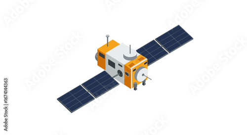 Isometric satellite with solar panels in space technology design