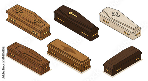 Isometric wooden coffins collection with cross designs