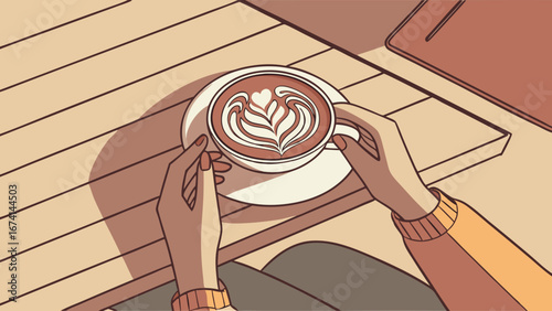 Cozy Cafe Moment: Overhead View of Hands Holding a Warm Latte with Intricate Foam Art on a Wooden Table, Flat Design Vector Illustration