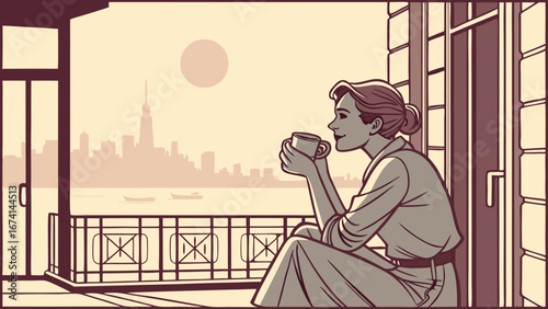 Elegant Woman Sipping Coffee on Balcony with City Skyline View, Retro Illustrated Scene in Warm Tones, Peaceful Urban Morning or Evening Reflection
