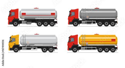 Colorful tanker trucks in side view: red and yellow variations
