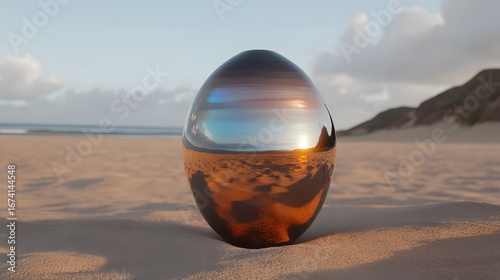 Reflective Metallic Orb on Sandy Beach at Sunset
