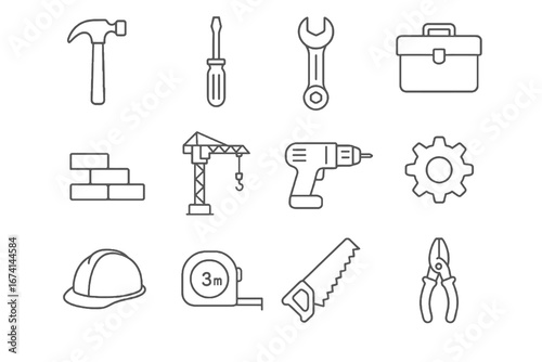 A vector icon set of tools and construction equipment, featuring a hammer, screwdriver, wrench, toolbox, bricks, crane, drill, hard hat, tape measure, saw, and pliers
