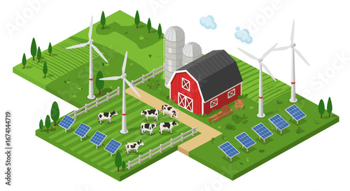 Isometric farm with renewable energy sources: wind turbines, solar panels, and barn scene