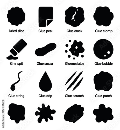 Silhouette glue icon set featuring spill, patch, drip, scratch, string, slice, bubble, peal, crack, clomp