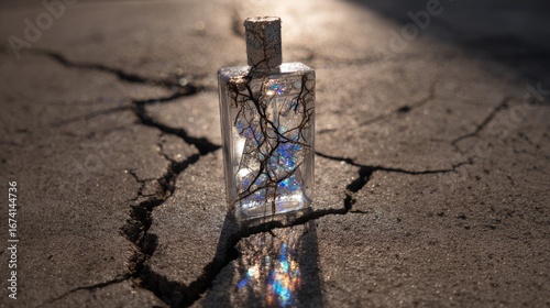 Canvas Print Shattered sunscreen bottle refracting prismatic light with dark vines emerging through cracks