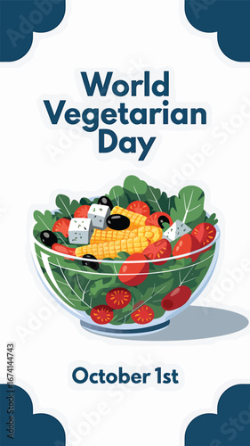 Vector art of world vegetarian day october 1st, featuring a fresh salad in a bowl with text, promoting healthy eating