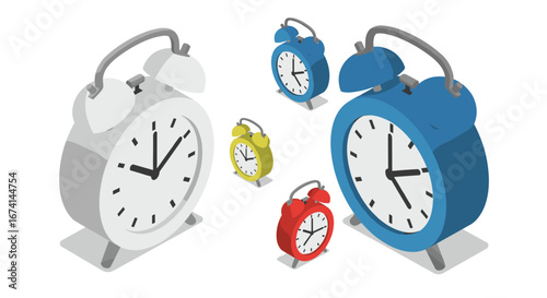 Isometric retro alarm clocks in various colors for vintage-themed design