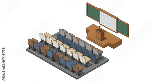 Isometric classroom with chairs and podium for educational presentations