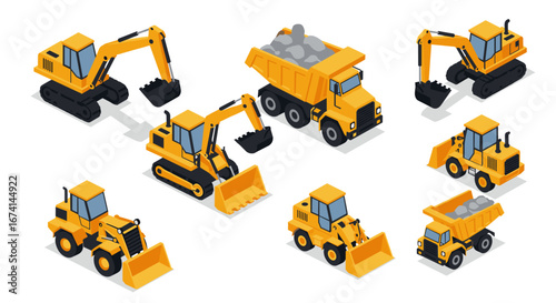 Isometric construction equipment set: excavators, bulldozers, dump trucks