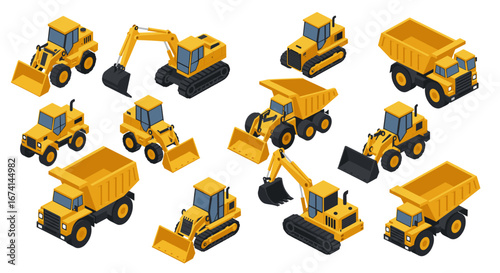 Isometric construction vehicles set with bulldozer, excavator, and dump truck