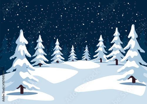 Winter forest landscape with snowy fir trees and falling snow at night. Idyllic Christmas season illustration background for greeting card.