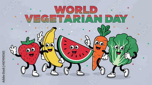 Vector art of world vegetarian day celebrated with dancing cartoon fruits and vegetables like strawberry, banana, watermelon, carrot, and lettuce