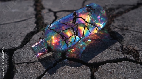 Shattered sunscreen bottle refracting prismatic light with dark vines emerging through cracks.
