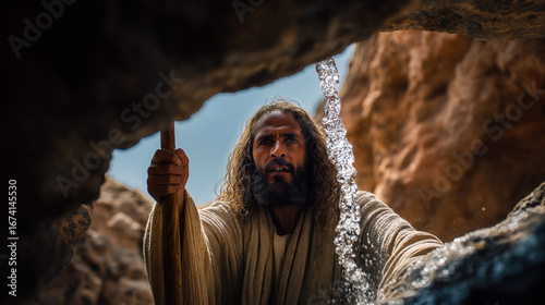 Moses strikes the rock at Horeb with his staff, and water gushes forth abundantly, quenching the thirst of Israel and proving God’s miraculous provision in the wilderness.