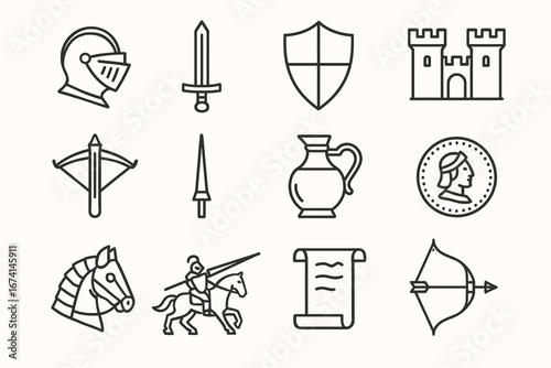 Medieval vector icons of a knight's helmet, sword, shield, castle, crossbow, dagger, jug, coin, horse, knight on horseback, scroll, and bow and arrow