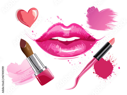 Vector realistic pink lipstick smear smudge, love background, cosmetic composition, make up design, lip gloss brush strokes, beautician background .vector icon