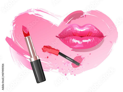 Vector realistic pink lipstick smear smudge, love background, cosmetic composition, make up design, lip gloss brush strokes, beautician background .vector icon